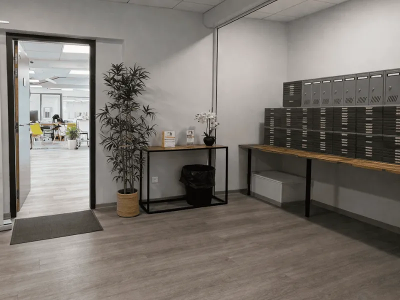 Accueil de BURO Club Partner Aubagne avec signalétique des services de domiciliation d'entreprise et espace de boîtes postales pour professionnels et particuliers.
