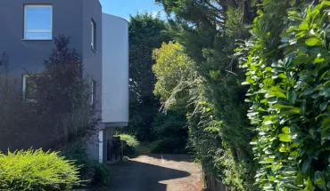 Allée d'accès au centre d'affaires, un environnement calme et bordé de verdure.