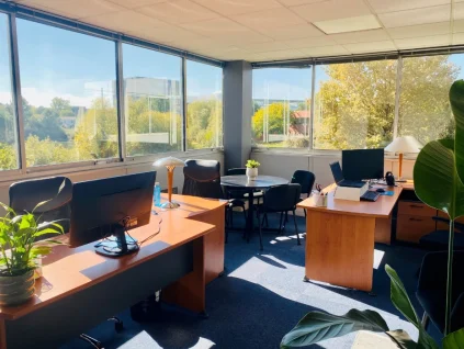 Bureau d'angle pour 3 personnes avec grandes baies vitrées, table de réunion et vue sur la verdure