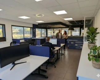 Espace de coworking moderne à Aix-en-Provence Éguilles avec bureaux partagés, séparateurs acoustiques bleus et zone d'accueil.