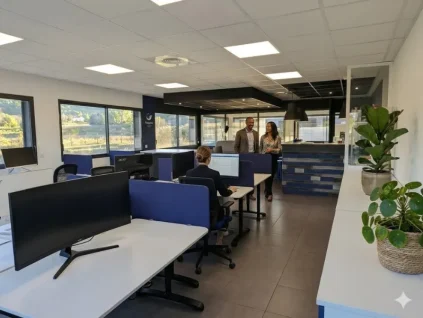 Espace de coworking moderne à Aix-en-Provence Éguilles avec bureaux partagés, séparateurs acoustiques bleus et zone d'accueil.