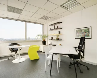 Bureau équipé lumineux avec table de réunion et vue dégagée sur Nancy
