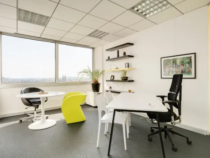 Bureau équipé lumineux avec table de réunion et vue dégagée sur Nancy