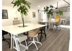 Postes de travail modernes et végétalisés dans l'espace de coworking BURO Club Partner Poitiers, avec fauteuils ergonomiques.