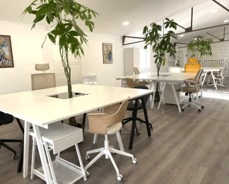 Postes de travail modernes et végétalisés dans l'espace de coworking BURO Club Partner Poitiers, avec fauteuils ergonomiques.